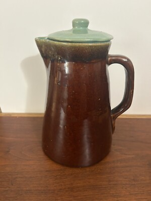 Antique Primitive glazed pottery Brown And Green coffee pot Farm Decor.