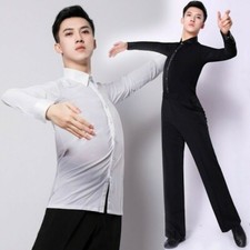 Mens Latin Dance Shirt Tops Ballroom Modern Salsa Samba Stretch Long Sleeve Slim