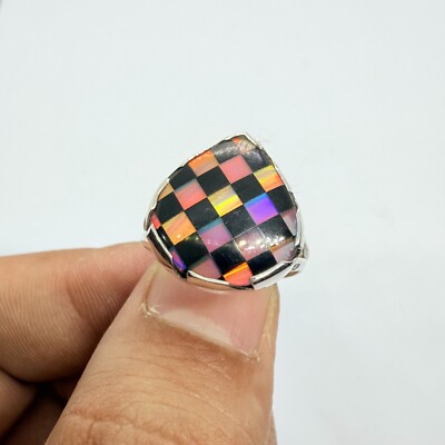 Aurora Opal  & Onyx Statement Ring 925 Sterling Silver Handmade Ring Jewelry