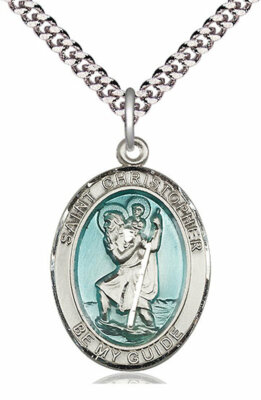 St. Christopher Medal in 1'' Pewter, Blue Enamel, 24'' Rhodium Plate Clasp Chain