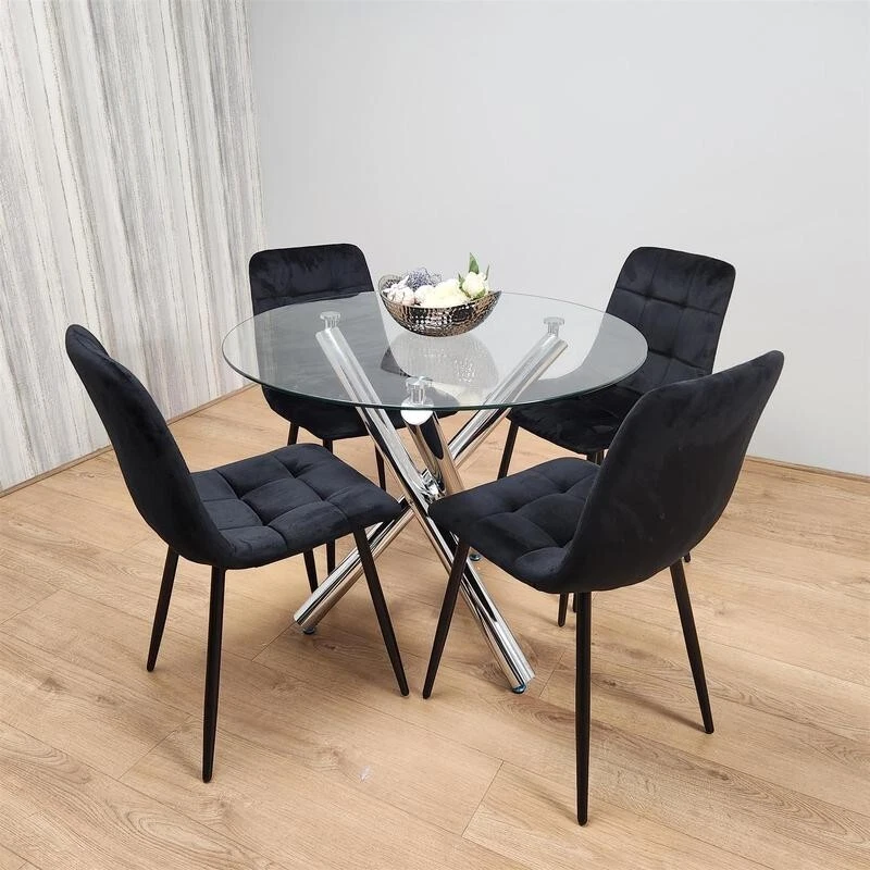 Round Glass Dining Table Set with 4 Black Velvet Chairs Chrome Legs - Image 4 of 4