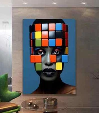 Multicolor Cube Headed Surreal Woman Art Face Wall Art Canvas Unframed Print Art