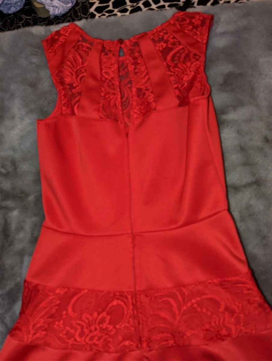 knee length dresses for ladies Zapaka Women Red A-Line Lace Long Sleeves Short Party Dress, Red / L main image 0