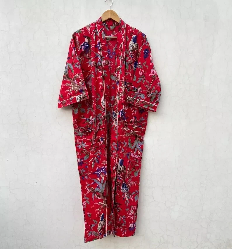Индийский красный хлопковый халат длинное кимоно Sleepwear ночной костюм кимоно халаты для ванны - Изображение 3 из 4