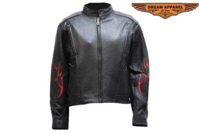 Black Women Classic Fit Motorcycle Biker Leather Red Flames Embroidery  Jacket