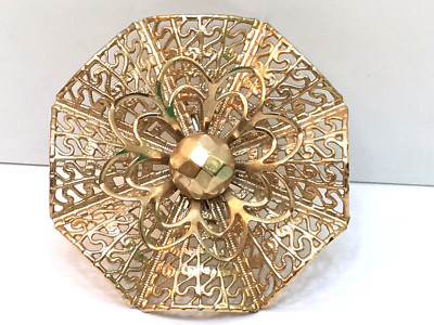 Vintage Signed EMJ Filigree Pin Brooch Gold Tone 1.8'' Diameter
