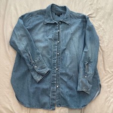 Camisa Something Azul Marino Denim Perla Botón Azul Manga Larga Informal Mujer Top Grande