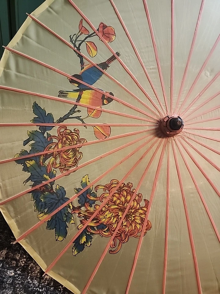 vintage Hand Painted Parasol Bamboo Umbrella - Image 2 of 4