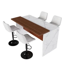 63" Kitchen Island with LED Grill, White Marble & 4 Beige Stools