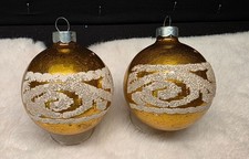 Vintage Gold Mercury Glass Christmas Ornaments Mica Stenciled Design Made in USA