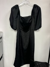 Boohoo Women’s Size 12 Structured Puff Sleeve Satin Midi Dress- Black