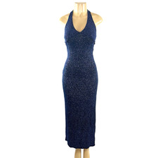 Y2K Slinky Dress Vintage Size M Formal Blue Sparkle Maxi Halter Side Slit Sexy