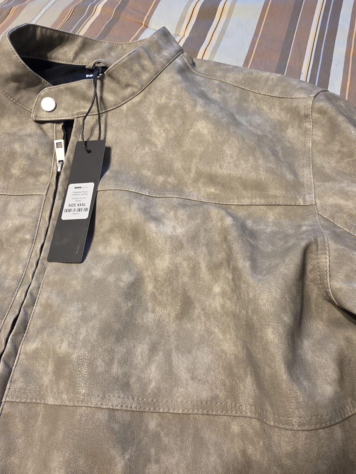 NOVAMEN Men’s Faux Leather Zip Jacket Band Collar Short Gray 2XL 42" image 3