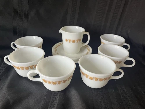 Set of SIX (6) Vintage Corelle Pyrex Butterfly Gold Cup & Saucer Sets + Creamer