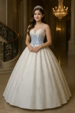 Camille La Vie White & Blue Strapless Embroidered Ball Gown – Size 4