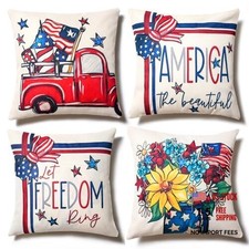 4th of July Decor-Throw Pillow Covers 18x18in Set of 4,Patriotic Linen Yellow