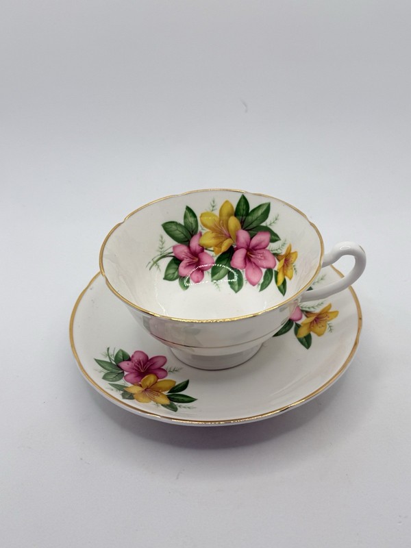 Vintage Royal Grafton Teacup & Saucer Bone China Yellow Pink Flowers England