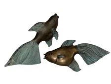 Asian Dancing Betta Fish Spitting Cast Bronze Outdoors Koi Pond Statue Set