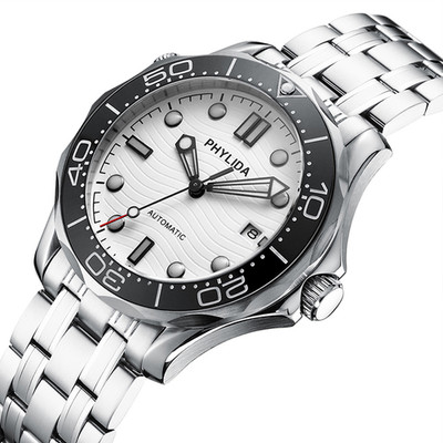 Miyota Automatic Men's Diver Watch 100M  White Waves Dial Sapphire Crystal