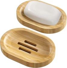 AmazerBath Bamboo Soap Holder, Dish, 2 Pack Natural-oval 