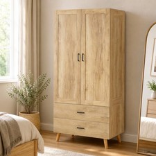 2 Door Wardrobe, Modern Wardrobe w/ 2 Drawer, Hanging Rail for Bedroom Natural