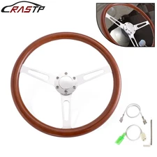 15"/380mm Chrome Steering Wheel Stainless Steel Dark Wood Grip w/Horn Button