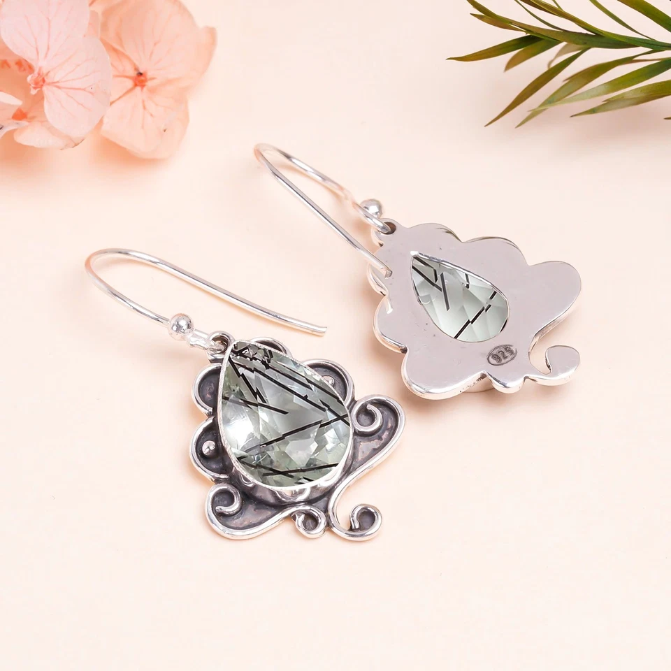 Black Rutilated Quartz 925 Sterling Silver Earring, Christmas Gift, E14058 - Image 3 of 4