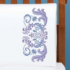Herrschners  Purple Brocade Pillowcase Pair Stamped Cross-Stitch