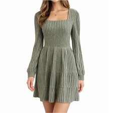 Ribbed Tiered Dress Sz Med Square Neck w/ Pockets Boho Cottagecore Romantic