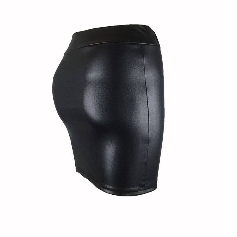 Womens Sexy PU Leather Slit Mini Skirt High Waist Tight Stretch