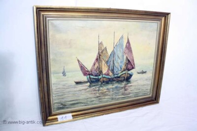****Großes antikes Gemälde / Signiert / Segelboote in Bucht / Meer / Prunkrahmen