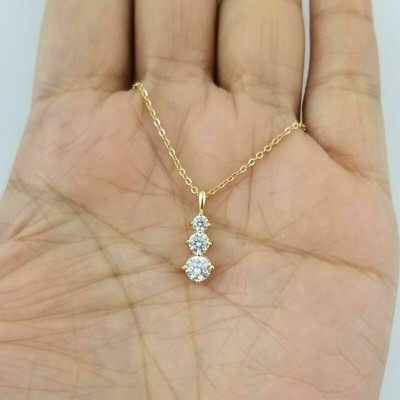 2.00 Ct Round VVS1 Real Moissanite Three Stone Pendant In 14K Yellow Gold Plated