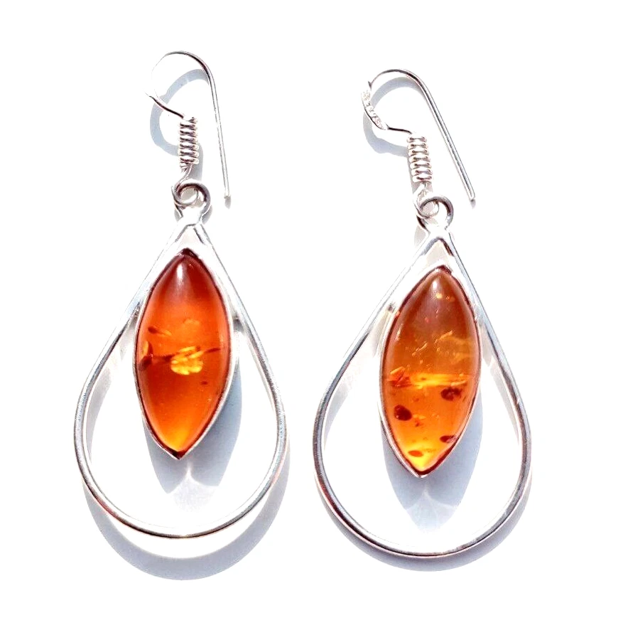 Pendientes de joyería hechos a mano de plata de ley 925 con piedras preciosas de ámbar báltico (creados en laboratorio) Foto 4 de 4