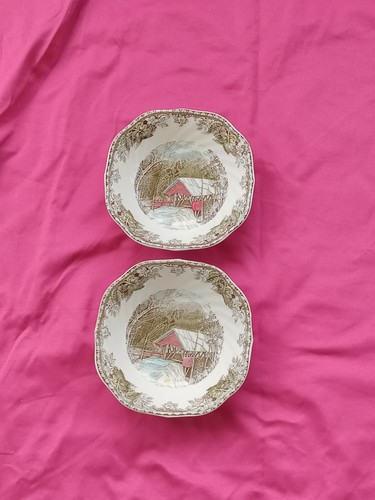 2 SQUARE JOHNSON BROS THE FRIENDLY VILLAGE 7" SQUARE SOUP BOWLS COVERED BRIDGE - 第 2/7 張圖片