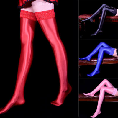Damen Nass Glanz Satin Glossy Vintage Stockings Lace Silicon HALTERLOSE STRÜMPFE