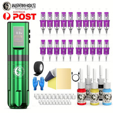 Wormhole Tattoo Machine Kit Pen Gun Wireless Battery Needle Color Inks Set LCD