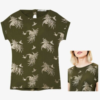 Damen Oasis tropischer Vogeldruck T-Shirt Top khaki Größen XS S M EXPRESS OPTION