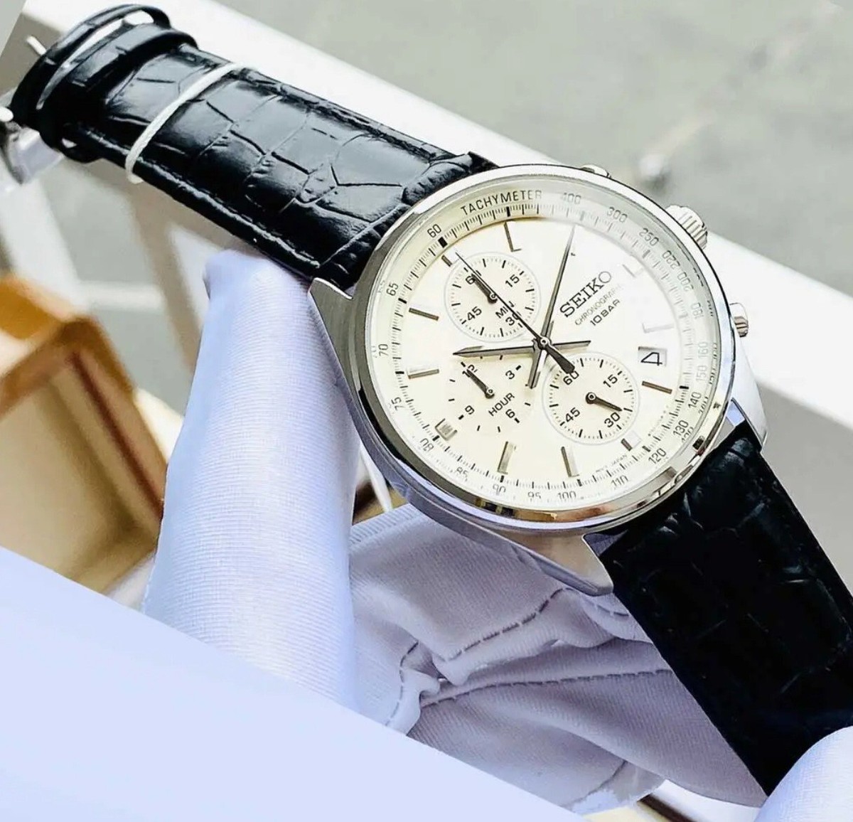 Seiko SSB383P1 Chronograph Champagne Dial Analog Black Leather