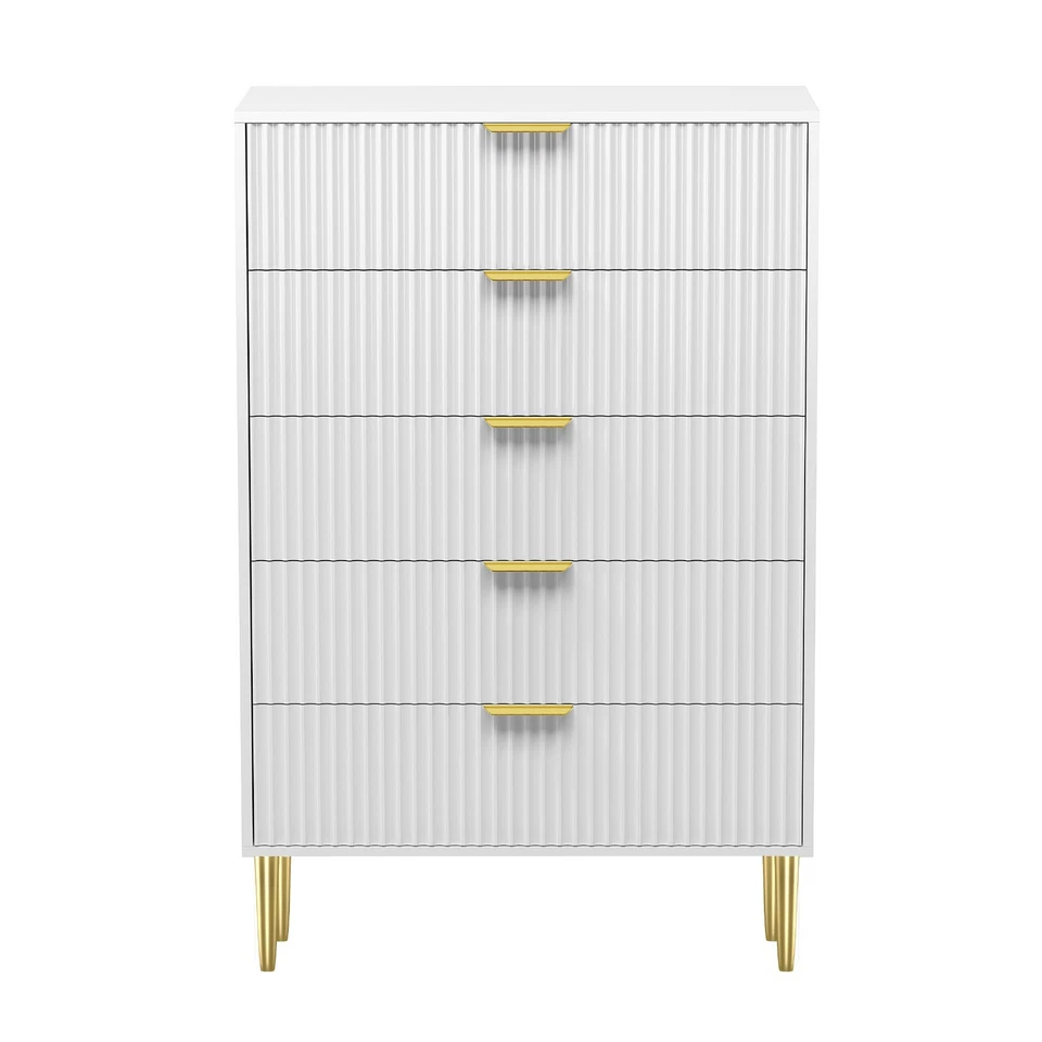 White Wooden Fluted Kitchen Bed Living room Chest of 5 Drawers Dresser Cabinet - Image 3 of 4