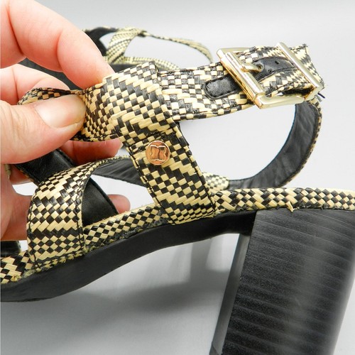 Kelly & Katie Woven Block Heel Sandals Sz 9.5 Beige Black Check Strappy Open Toe - Picture 11 of 13