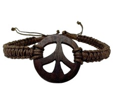Peace Sign Bracelet Adjustable Hemp Cord Wooden Pendant Unisex Boho Wristband