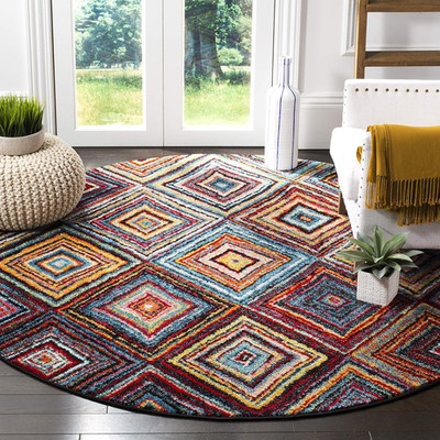 Aruba 6'7'' Round Area Rug - Boho Diamond Design, Non-Shedding, Easy Care