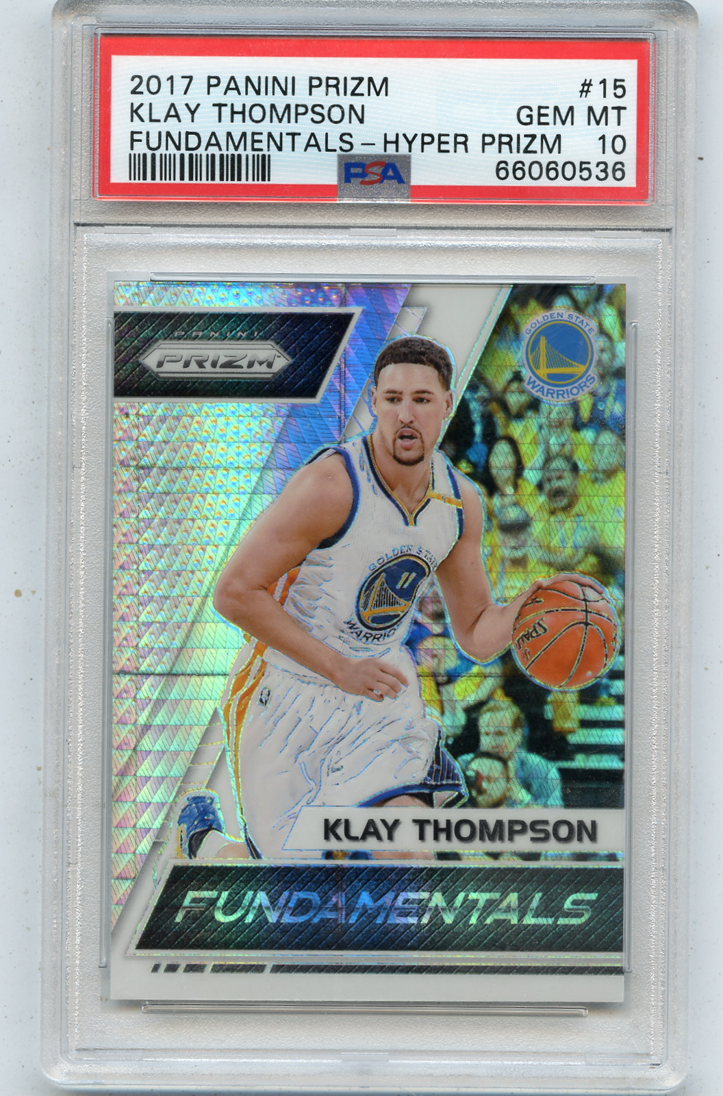 Klay Thompson #15 Basketball Cards 2017 Panini Prizm Fundamentals trading card — raw and PSA graded price guide