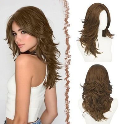 Feshfen Golden Brown Wavy Layered Wig Curtain Bangs For Women 20 Inch Long