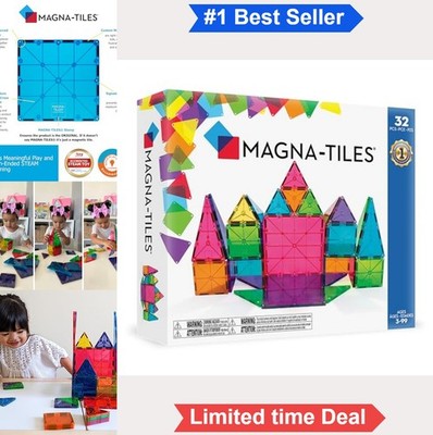 Magnetic Building Tiles 32 Piece Set Translucent Colors STEAM Toy Ages 3 and Up