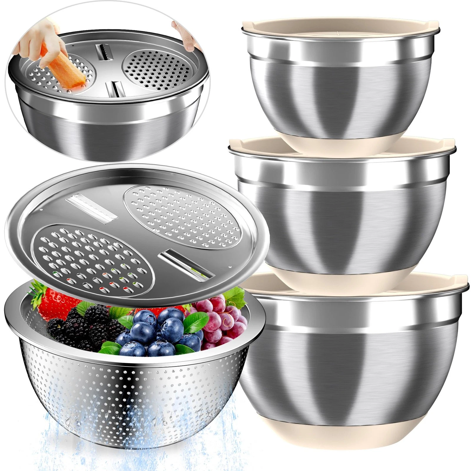 Nicdiet Mixing Bowls with Airtight Lids, Stainless Steel Mixing Bowl Set with...