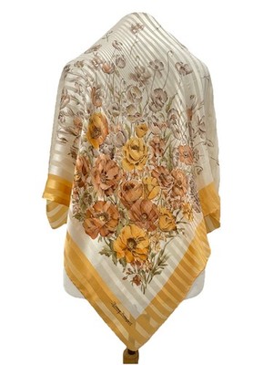 AS5#Dany François Silk Scarf Floral Print Beige Yellow Orange Striped Border
