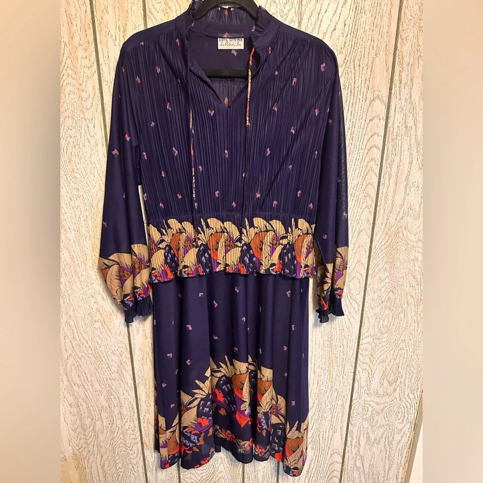 Vintage 70s Purple Printed Peplum Long Sleeve Dress - image 2 of 4