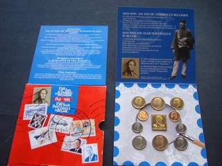 TOP Belgien 1999 Kursmünzensatz 150 Jahre Briefmarken im Papierfolder! KMS! RAR!