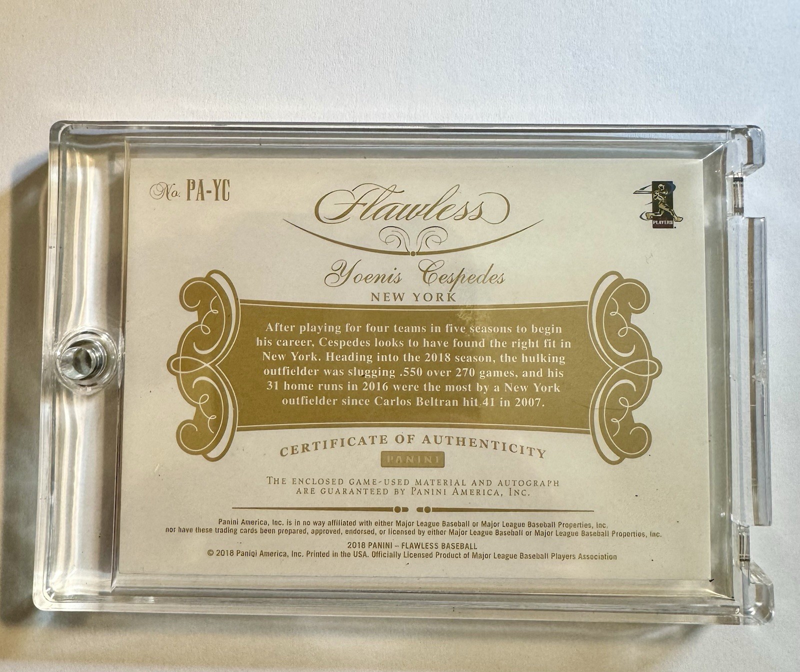 2018 Panini Flawless Baseball Yoenis Cespedes INSANE GU PATCH AUTO 2/2 Mets view 2